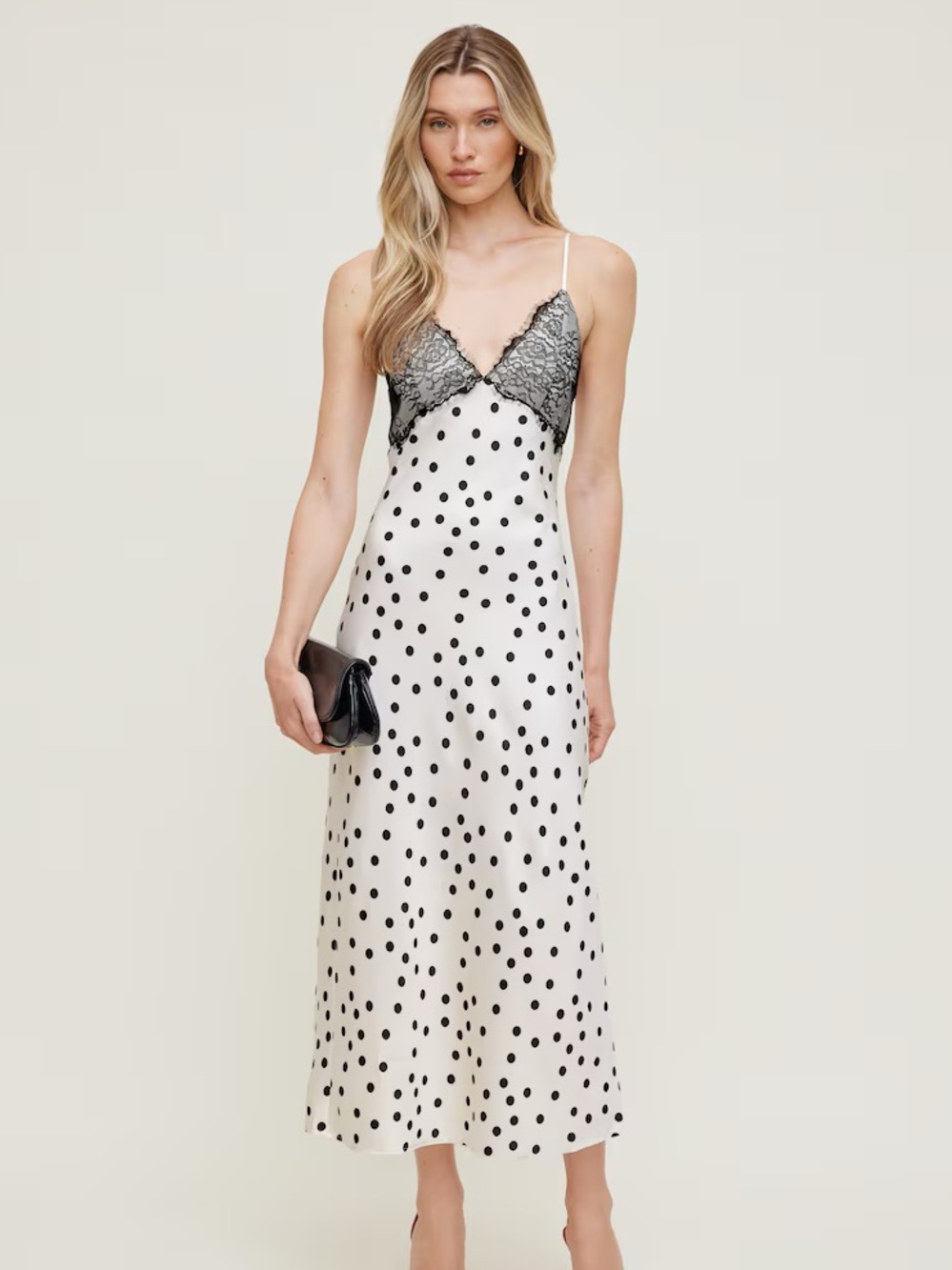Dynamite Slip Polka Dot Lace Trim Maxi Dress - White/Black